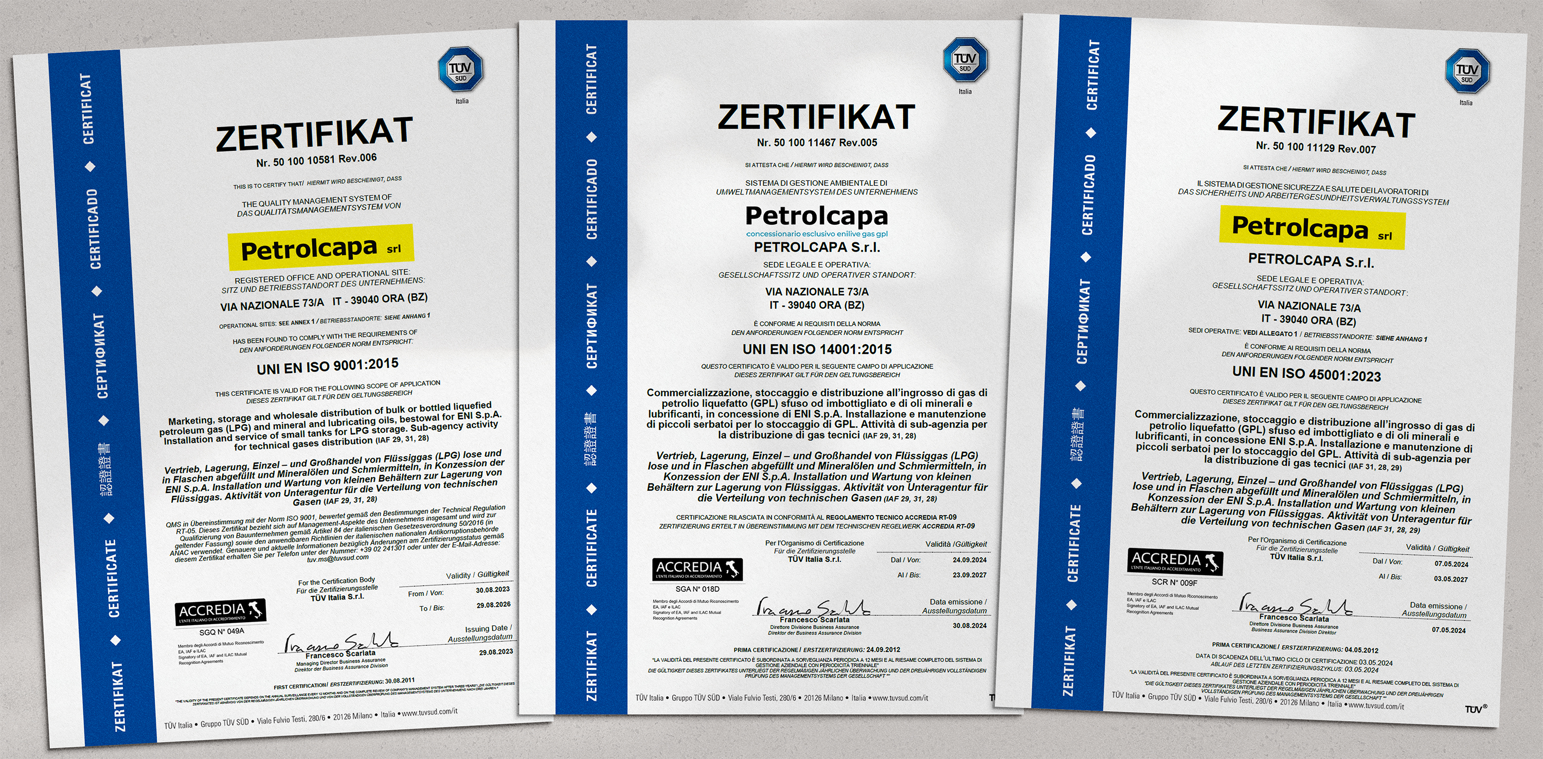 certificati TUV UNI EN ISO 9001:2015, UNI EN ISO 45001:2023 e UNI EN ISO 14001:2015